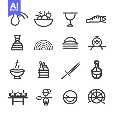 Aset desain premium: Set of 16 Black and White Line Icons of Various Objects