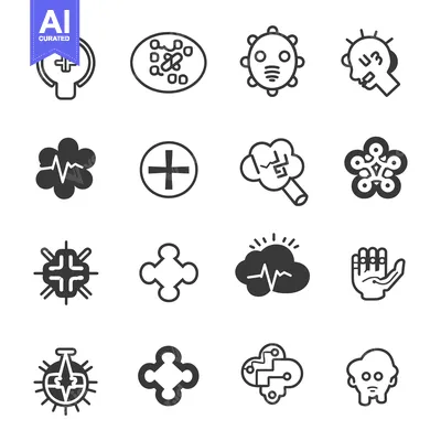 Aset premium populer: Set of 16 Black and White Line Icons of Various Symbols