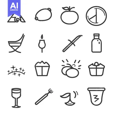 Aset premium populer: Set of 16 Black and White Line Icons on White Background