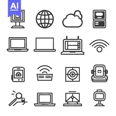 Aset premium populer: Set of 16 Black and White Line Icons Related to Technology