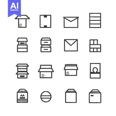 Set of 16 Black and White Line Icons Representing Various Package and