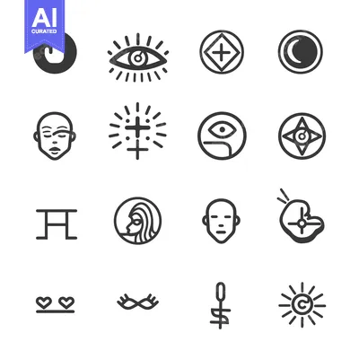 Premium design asset: Set of 16 Black and White Mystical and Abstract Line Art Icons
