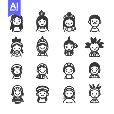 Aset premium populer: Set of 16 Black and White Native American Character Icons