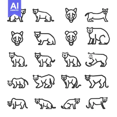 Aset desain premium: Set of 16 Black and White Outline Cougar Icons in Different Poses