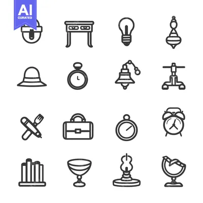 Set of 16 Black and White Outline Icons Related to Time and Education