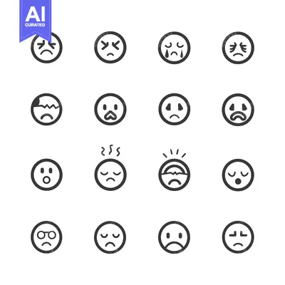 Aset premium populer: Set of 16 Black and White Sad Emojis or Emoticons