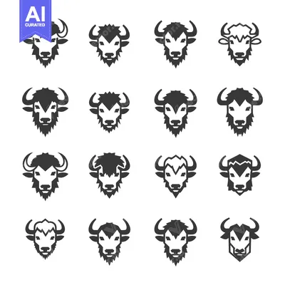 Set of 16 Black and White Stylized Bull Icons