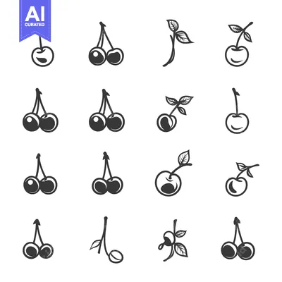 Popular premium asset: Set of 16 Cherries Vector Illustrations in Black and White
