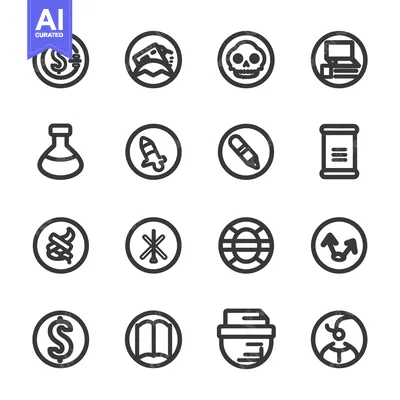 Set of 16 Circular Icons with Various Subjects