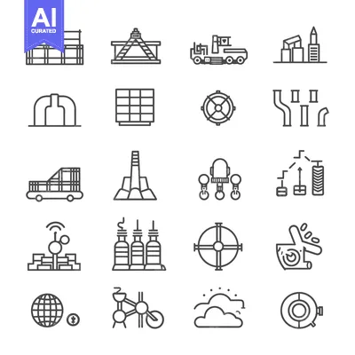 Set of 16 Construction and Industrial Equipment Line Icons