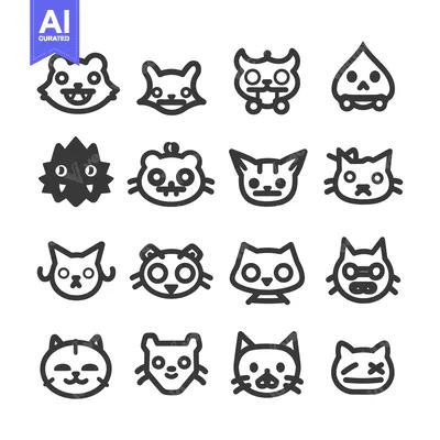 Aset desain premium: Set of 16 Cute Animal Cartoon Faces with Outline Style