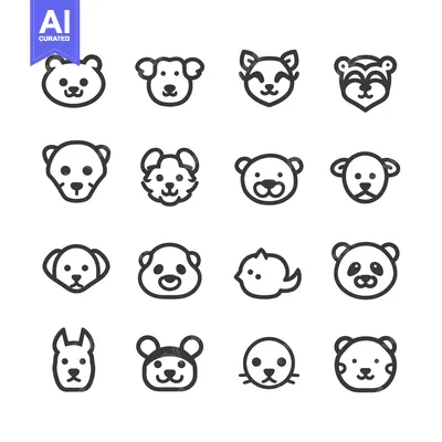 Aset desain premium: Set of 16 Cute Animal Faces with Simple Line Art Style