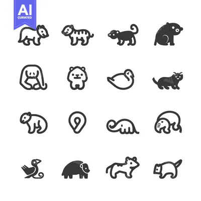 Aset desain premium: Set of 16 Cute Animal Icons in Simple Line Style