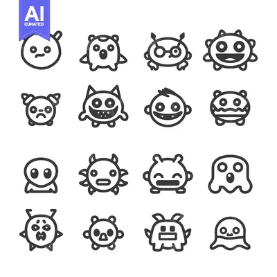 Set of 16 Cute Monster Cartoon Character Icons