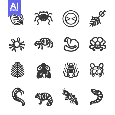 Set of 16 Different Insect Icons in Black and White