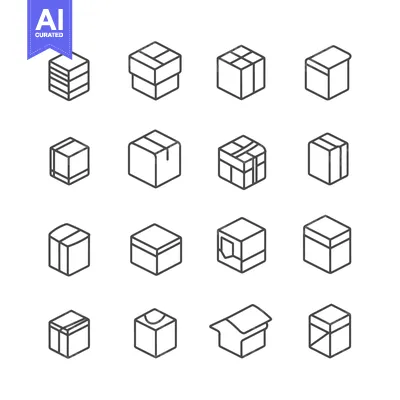 Set of 16 different isometric box icons with outline style