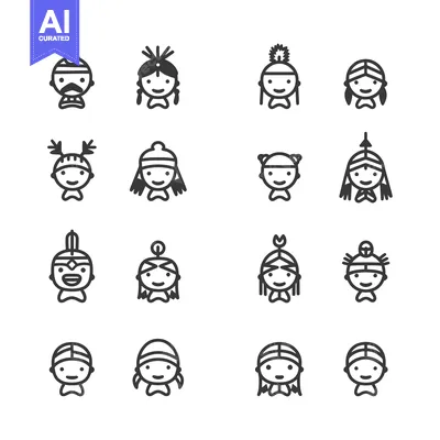 Aset desain premium: Set of 16 Diverse People in Traditional Headwear Icons