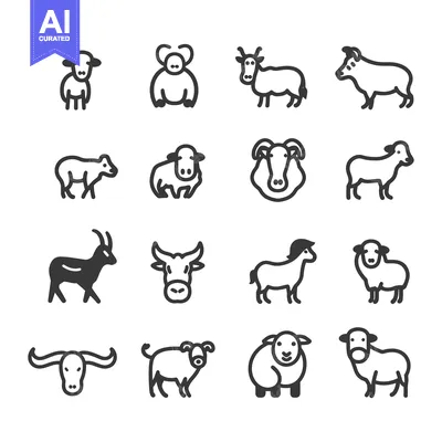 Set of 16 Farm Animal Icons: Cows, Sheep, Goats, and Buffalo