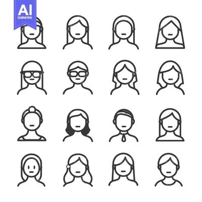 Aset desain premium: Set of 16 Female User Profile Icons in Outline Style