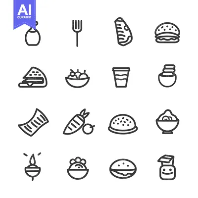 Set of 16 Food and Drink Icons in Outline Style