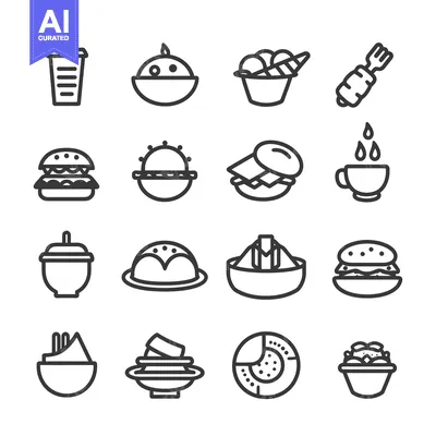 Set of 16 Food Icons in Black and White Outline Style