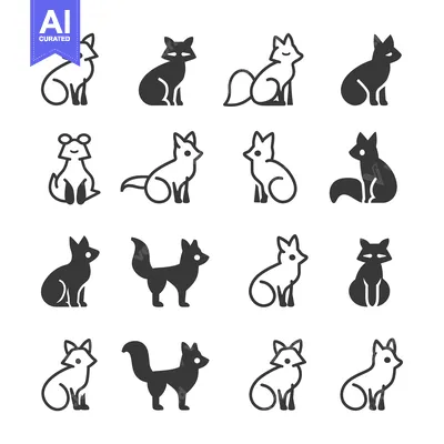Aset desain premium: Set of 16 Fox Icons in Black and White