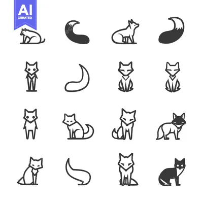 Set of 16 Fox Icons in Line and Silhouette Styles