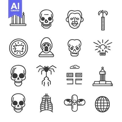 Aset premium populer: Set of 16 Halloween Icons Featuring Skulls, Spiders, and Bats