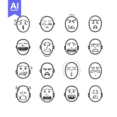 Set of 16 Hand-Drawn Black and White Emojis Expressing Different Emoti