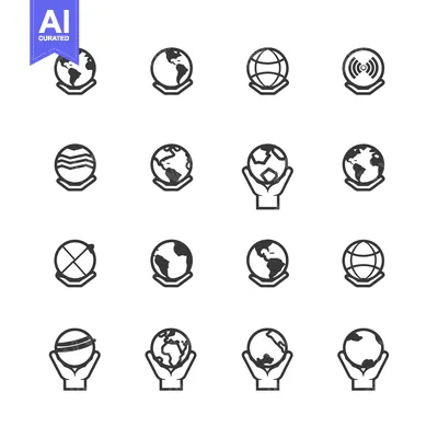 Aset desain premium: Set of 16 Hand Holding Earth Globe Icons