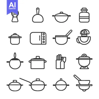 Set of 16 Kitchen Utensil and Cooking Equipment Icons
