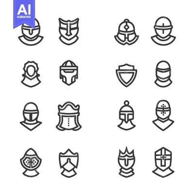 Aset desain premium: Set of 16 Knight Helmets and Shields Line Icons