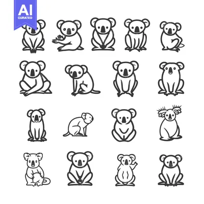 Aset premium populer: Set of 16 Koala Bear Line Icons in Various Poses