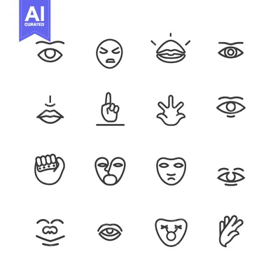 Premium design asset: Set of 16 Linear Icons Depicting Facial Expressions, Gestures, and Emo
