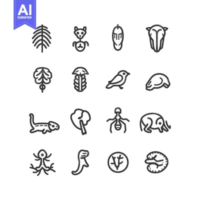 Set of 16 Linear Icons for Animal, Nature, and Human Anatomy