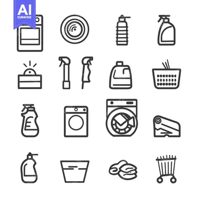 Aset desain premium: Set of 16 Linear Icons Related to Cleaning and Laundry