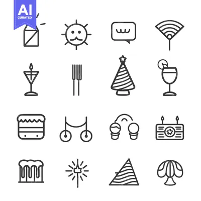 Set of 16 Linear Icons Representing Celebration and Party Supplies