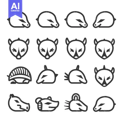 Set of 16 Line Art Animal Icons, Including Armadillo, Opossum, and Ech
