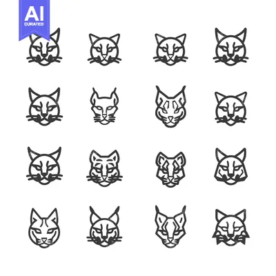 Set of 16 Line Art Cat Head Icons