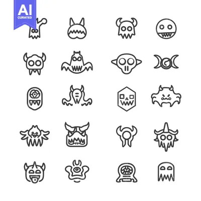 Set of 16 Line Art Monsters with Different Expressions and Features