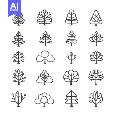 Aset premium populer: Set of 16 Line Art Tree Icons