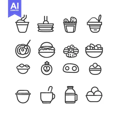 Aset premium populer: Set of 16 Line Icons Depicting Different Types of Food
