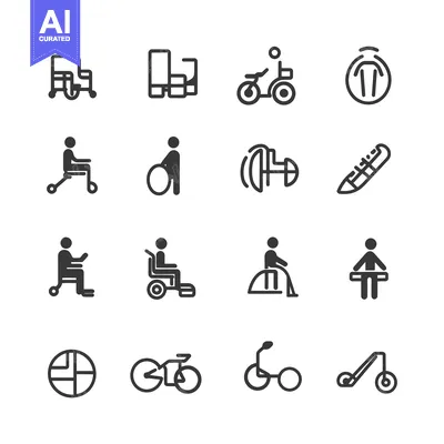 Set of 16 Line Icons Depicting Various Modes of Transportation