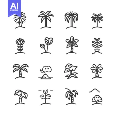 Aset premium populer: Set of 16 Line Icons Depicting Various Types of Trees and Plants