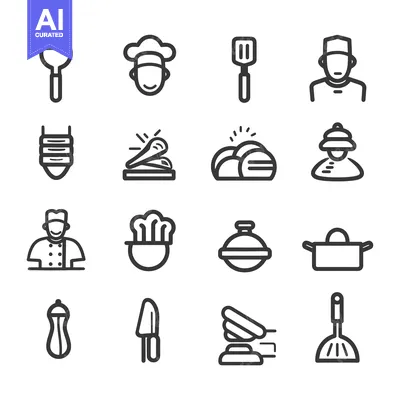 Set of 16 Line Icons for Cooking and Kitchen Utensils