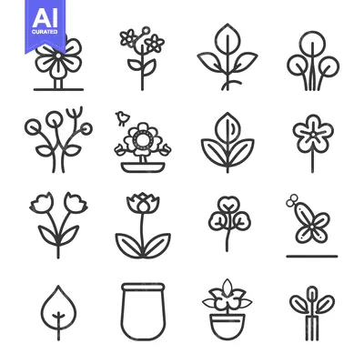 Aset premium populer: Set of 16 Line Icons for Different Flowers and Plants