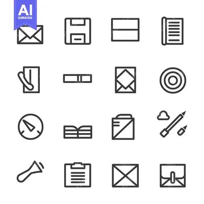 Aset premium populer: Set of 16 Line Icons for Documents, Mail, and Office Supplies
