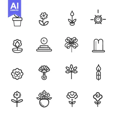 Set of 16 Line Icons for Flowers, Plants, and Time