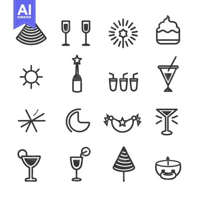 Set of 16 Line Icons for Party Celebration and Festive Events