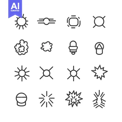 Aset desain premium: Set of 16 Line Icons for Sun, Light, and Explosion